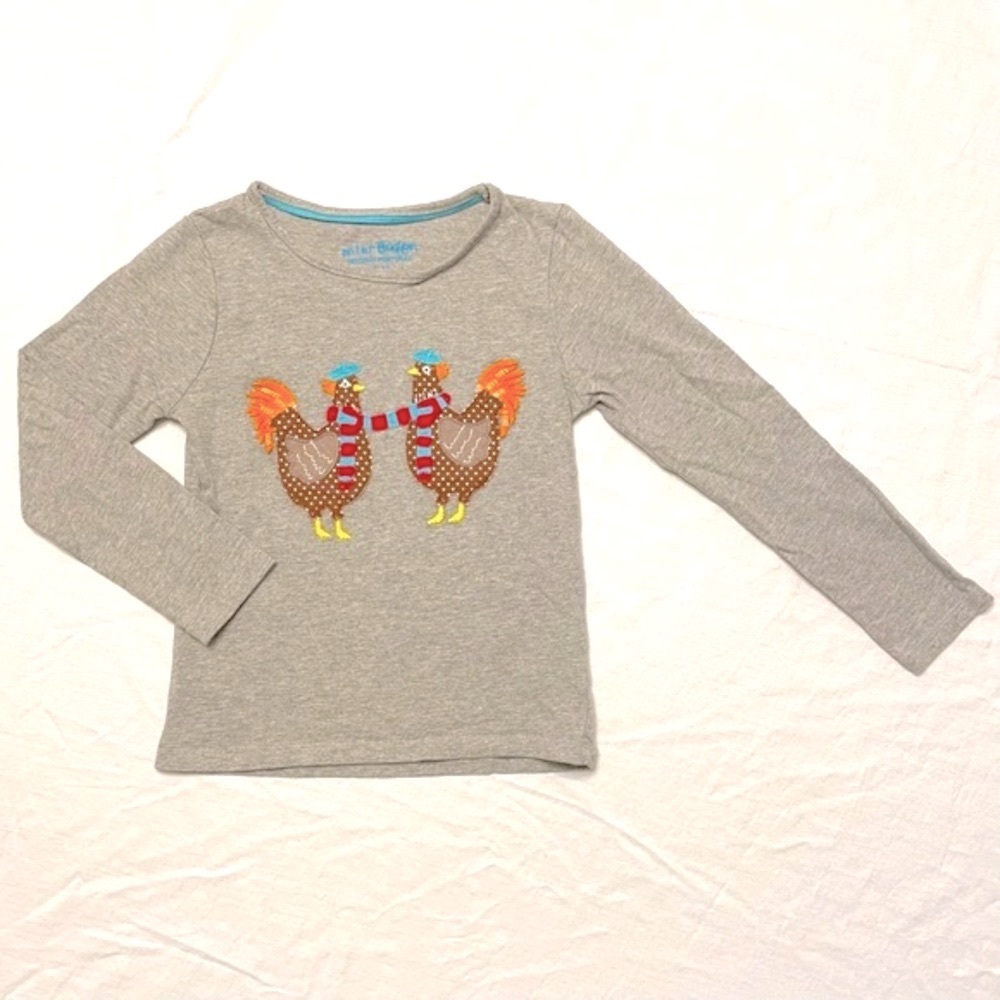 Mini Boden Shirt Girls 3-4 Y Chickens Applique Hens 3T 4T Cotton Tee Grey Spring